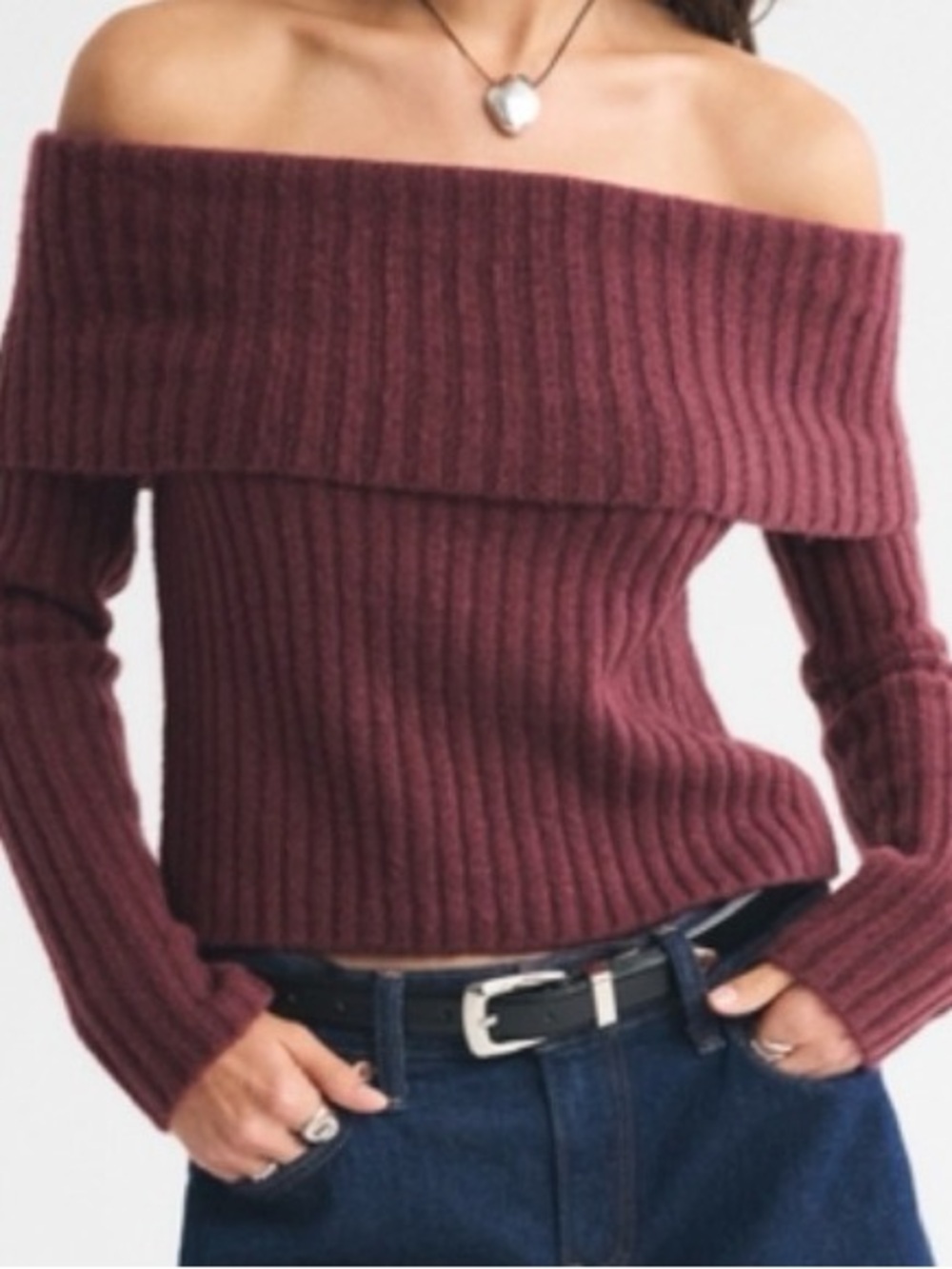Abercrombie Off-Shoulder Ribbed Sweater - Burgundy